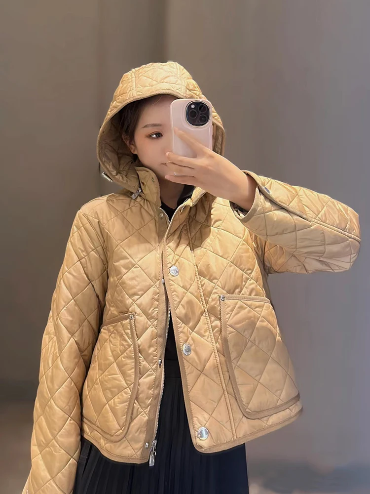 

Осенне-зимняя женская легкая теплая куртка в британском стиле с капюшоном, однотонная, из хлопка, на молнии, приталенная, с длинными рукавами