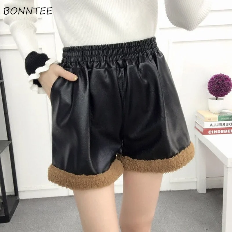 

Pu Shorts Women Fashionable Korean Style Winter Wide-leg Harajuku Leather Warm Elastic Waist Y2k Designer Loose Preppy Sexy Ins