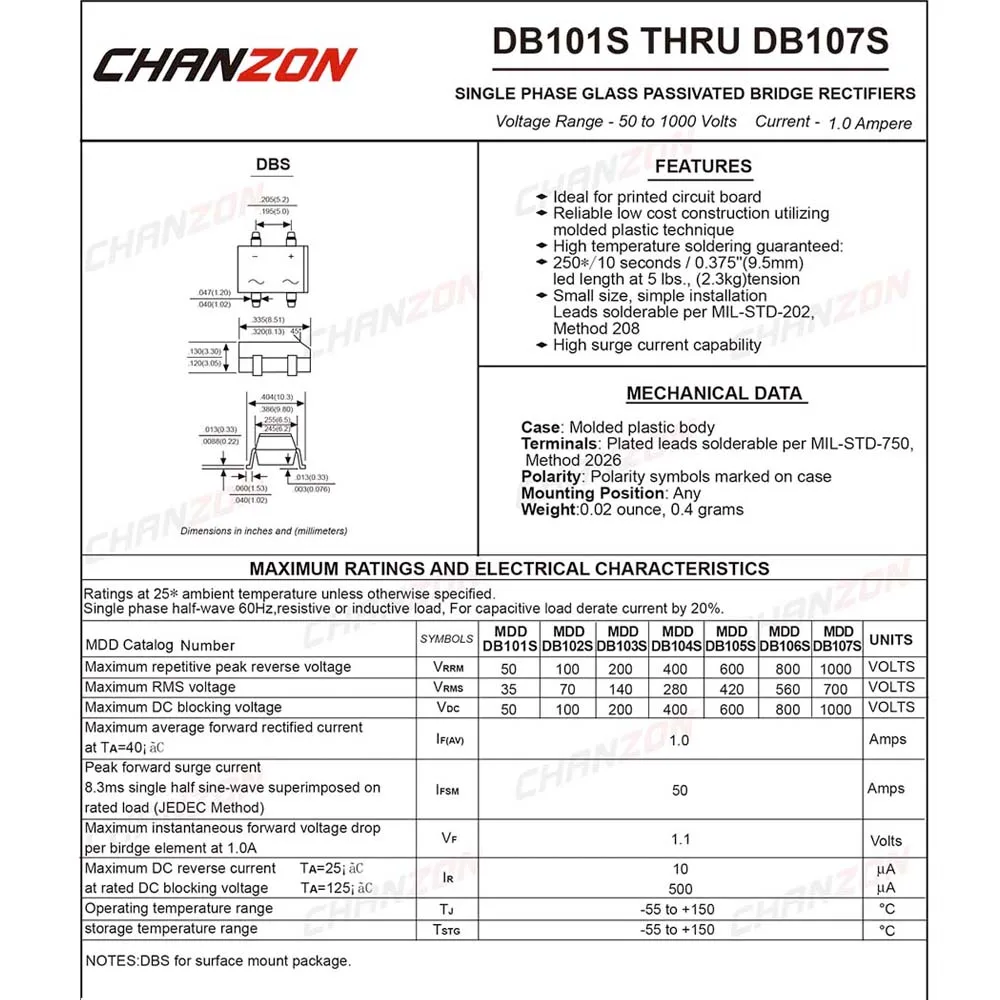 50 Pcs DB107S SMD 브리지 정류기 다이오드 1A 1000 V DB-S SOP-4 단상 1 Amp 1000 볼트 DB107-S 실리콘 다이오드