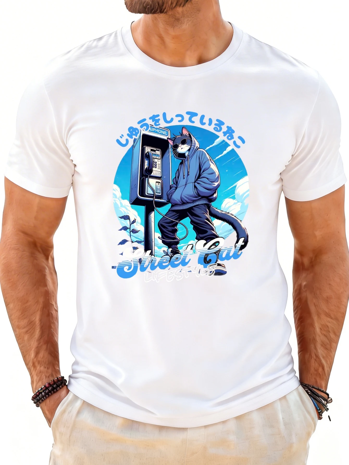 Street Style Men's T-Shirt with a Cat in a Telephone Booth Design, Summer Casual Wear, Fashionable Gift for Friends
