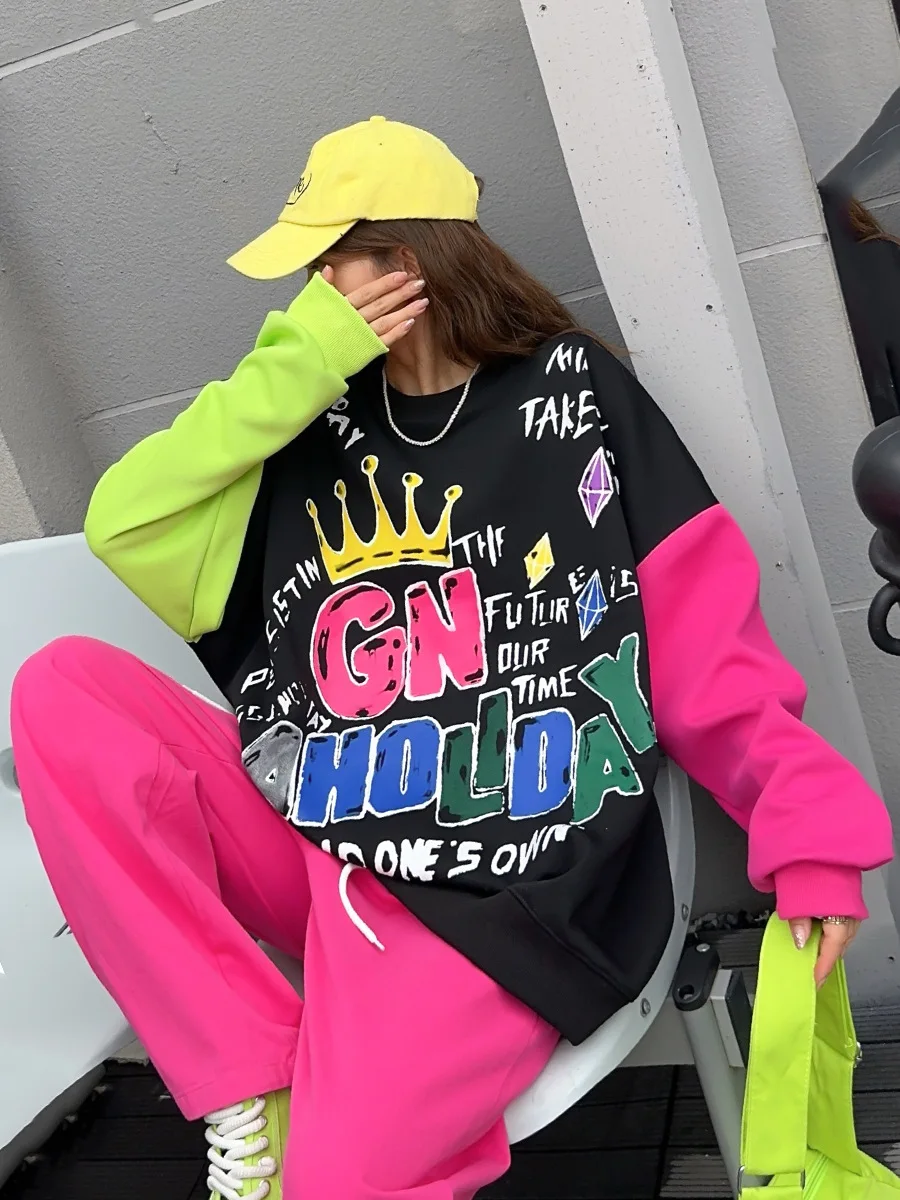 Casual Letter Graffiti Patchwork Oversized Sweatshirts Tops Women Y2k Hoodies Clothes Pullover Long Sleeve Top Vestidos Bust 132