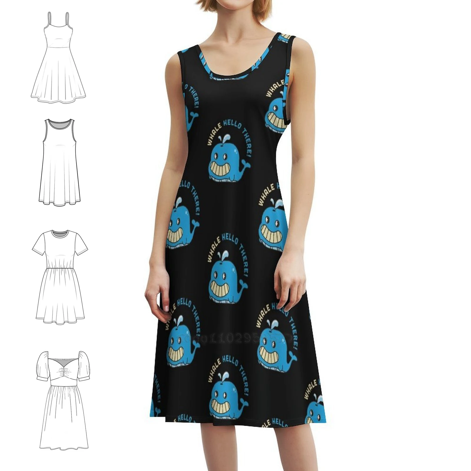الحوت مرحبا هناك! فستان نسائي أنيق للحفلات على شكل حرف A مع خيارات قصيرة/طويلة/بدون أكمام، حوت الحوت Hello There Pun #1