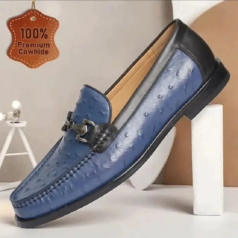 Men's Genuine Cowhide Leather Slip-On Loafers Ostrich Grain Business Dress Shoes Comfortable 2025 Style