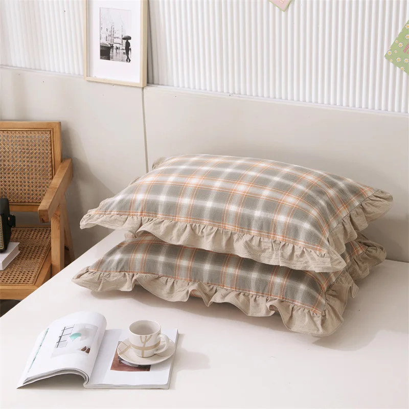 2 Stück 48 x 74 cm weicher, karierter Kissenbezug, gerüschte Bettwäsche aus gewaschener Baumwolle, dekorativer Kissenbezug für Mädchenzimmer oder Wohnheim