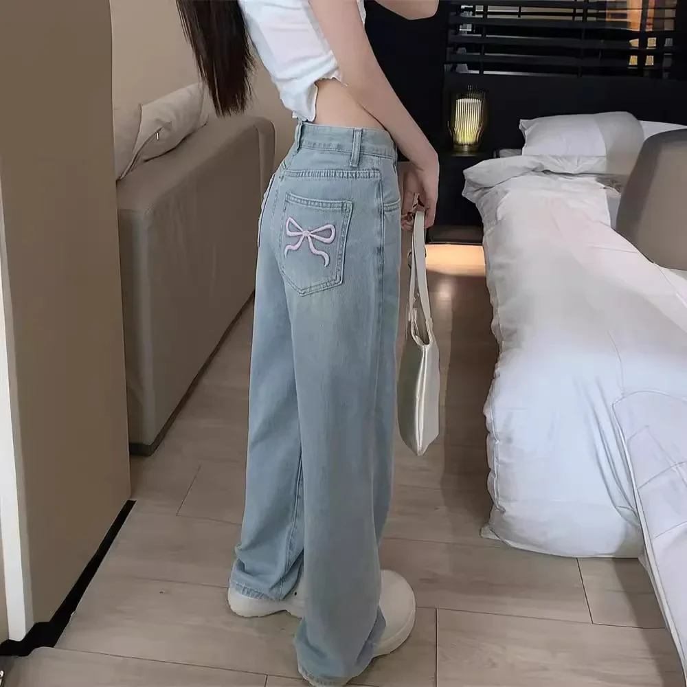 

Bow-embroidered Straight Jeans Women's Summer New High-waisted Loose and Thin Wide-leg Pants