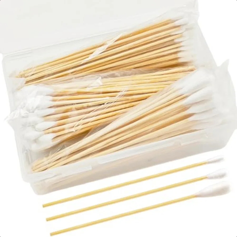 مجموعة متنوعة من مسحات القطن الطويلة مع 3 أطراف مختلفة، رؤوس قطنية صغيرة ومتوسطة وكبيرة على 6 عصا من الخيزران مثالية للمك