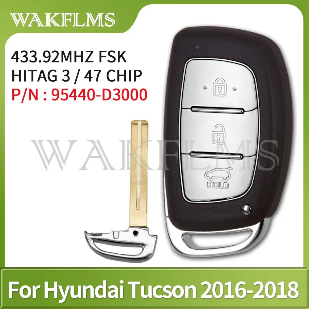 95440-D3000 Keyless Smart Remote Car Key Fob Come With Emergency Key 433MHz ID47 For 2016 2017 2018 Hyundai Tucson 95440 D3000