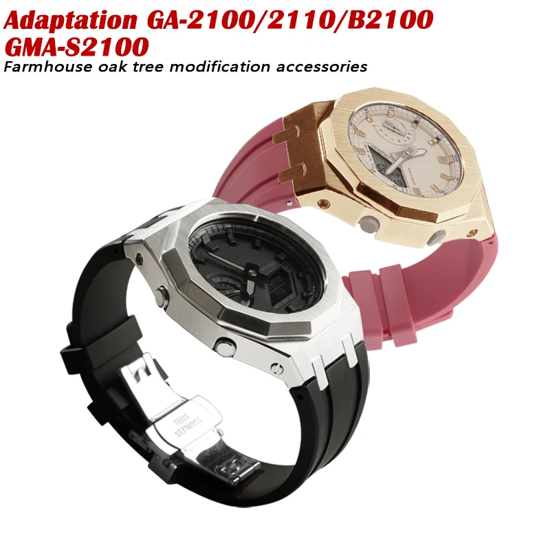متوافق مع GA-2100/2110/B2100 GMA-S2100 حافظة معدنية من الفولاذ المقاوم للصدأ بحزام مطاطي ملحقات تعديل الساعة.