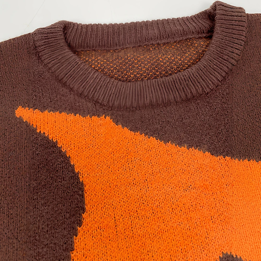 Damski sweter w stylu retro, kawaowo-pomarańczowy, kontrastowy, dzianinowy, z falistym wzorem żakardowym, luźny, w stylu lazy street, modny strój.