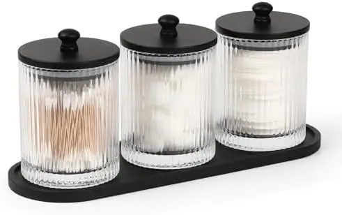 

Набор из 3-х стеклянных органайзеров для ватных палочек с поддоном и крышками - Прозрачные контейнеры для хранения ватных палочек для ванной комнаты