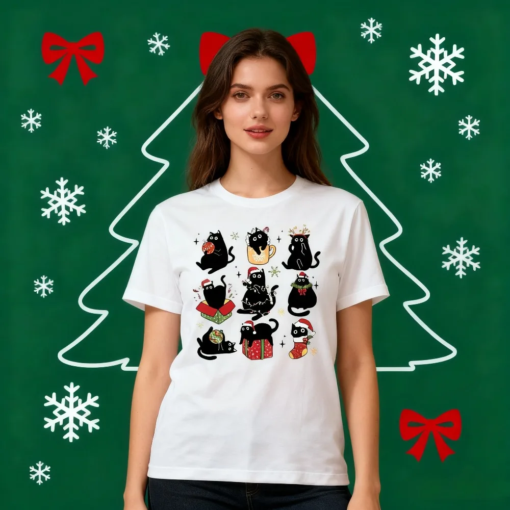 

Рождественская футболка с черным котом, милая рождественская футболка с принтом кота, подарок для любителей кошек, футболка в стиле ретро, рождественские женские и мужские праздничные костюмы