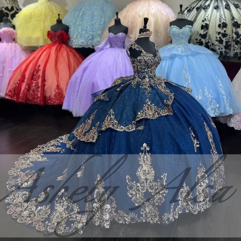 Customized Navy Blue Women Prom Dresses Ballgown V Neck Gold Sequined Applique Vestido De xv Anos Sweet 14 15 Quinceanera Dress