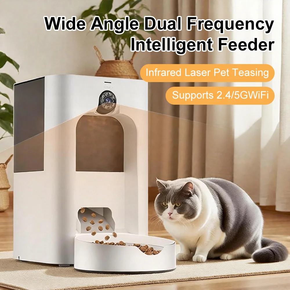 広角デュアルバンドWiFiスマートペットフィーダー、レーザー - Automatic Pet Feeder Dual Bowl Stainless のレビューと価格