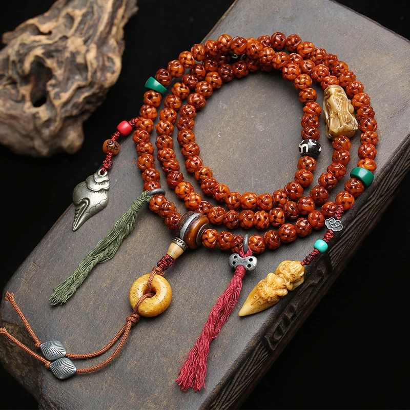 108-bead Buddhist prayer beads sweater chain with Palden Bird peace pendant and copper accessories