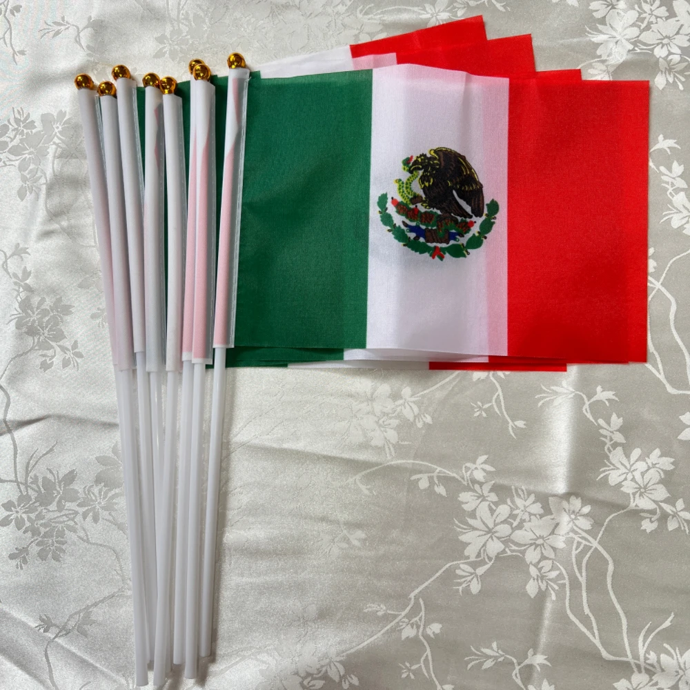 Mexican  flag 14x21cm Plastic flagpole hand waving national flag activity parade sports  decoration Mexico Hand Flag