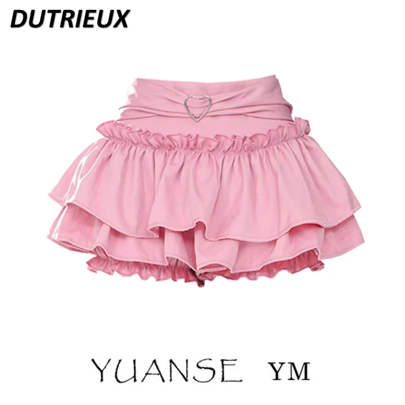 Summer Sweet Pure Color Short Skirt Female with Hearts Wooden Ear Pettiskirt Slim Fit Figure Flattering Tiered Short Skirts