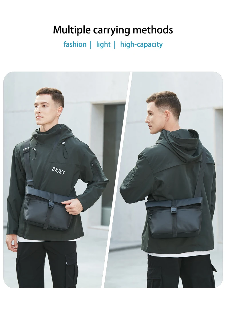 HcanKcan Umhängetasche für Herren, wasserdichte Umhängetasche, passend für 13-Zoll-Laptops, Hüfttasche, große Kapazität, Messenger-Tasche, schwarze Seitentasche – Detail 7