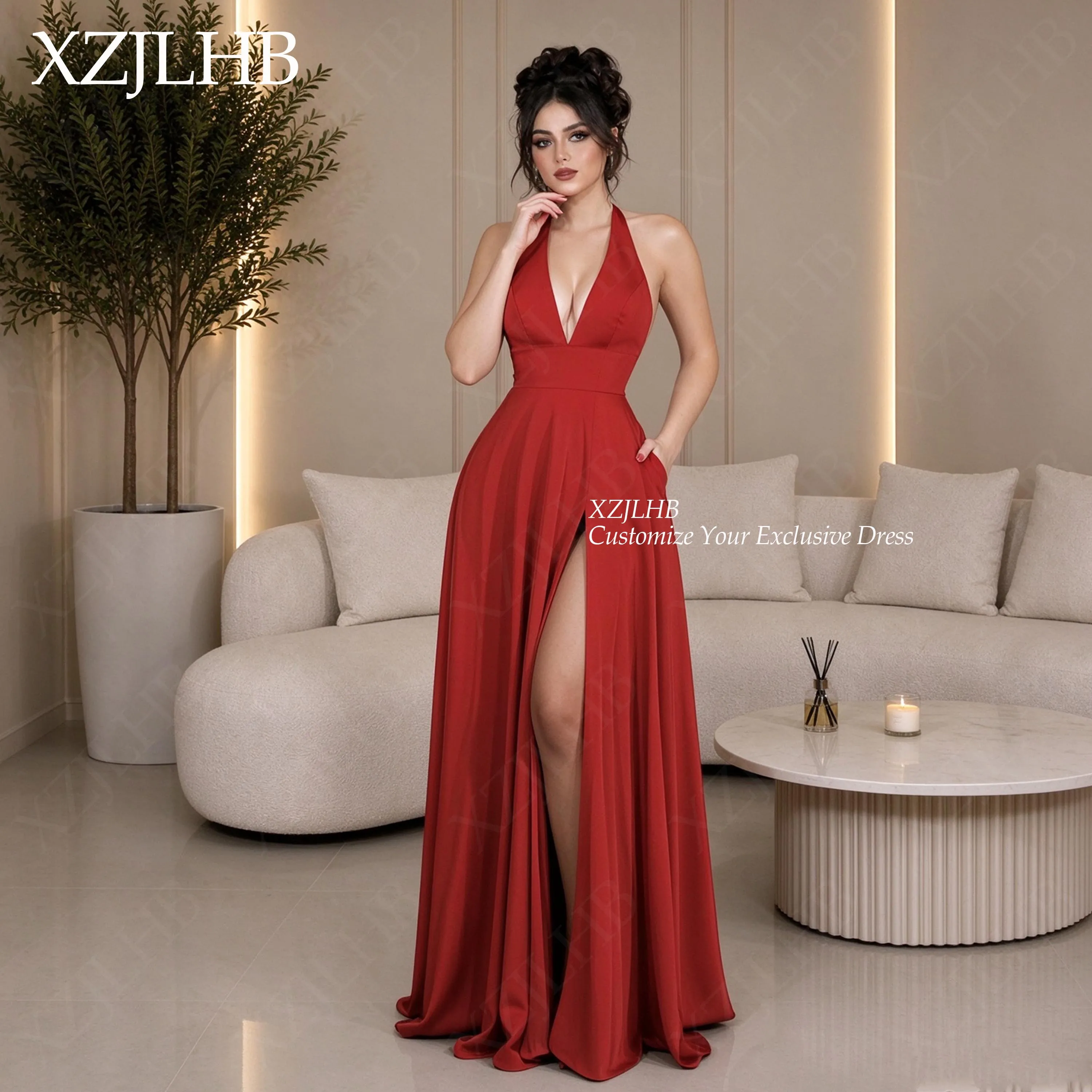XZJLHB Soft Satin Evening Dress For Women Halter Neck High Side Slit Banquet Gown Sleeveless Draped Prom Gowns Custom Made 2026