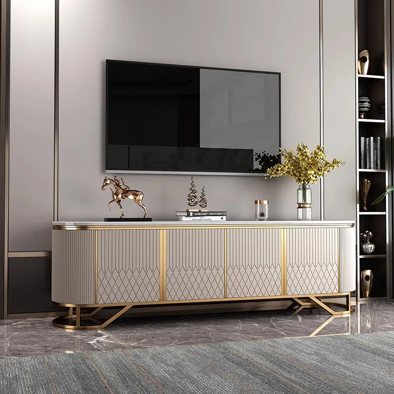 

American rounded corner light luxury TV cabinet rock slab living room background wall cabinet household TV cabinet