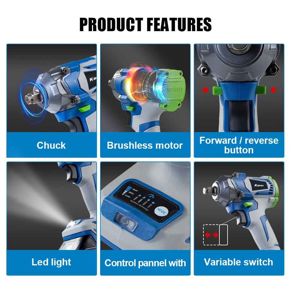 Kamolee-llave de impacto eléctrica sin escobillas, Torque de 1200n. M, 1/2, 1/4 pulgadas, batería de iones de litio para batería Makita de 18V