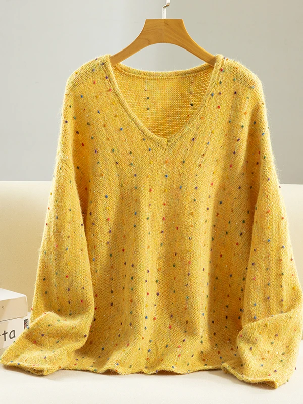 เสื้อสเวตเตอร์ถักทรงวีสไตล์เรโทรสำหรับผู้หญิง ฤดูใบไม้ร่วง ฤดูหนาว ลายจุดใหม่ ดีไซน์ลำลอง แฟชั่นสำหรับใส่ไปทำงาน ทรงหลวม ยาว...