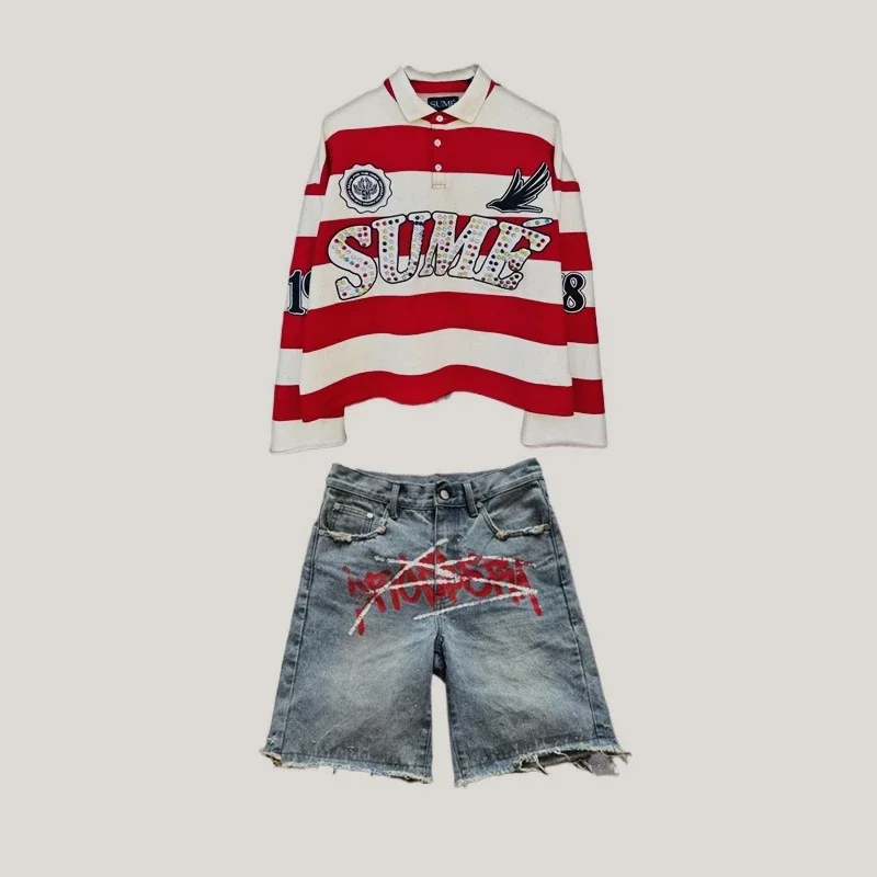 

Summer retro stylish rhinestone embroidered striped Polo shirt retro classic men's loose casual long-sleeved shirt shorts set