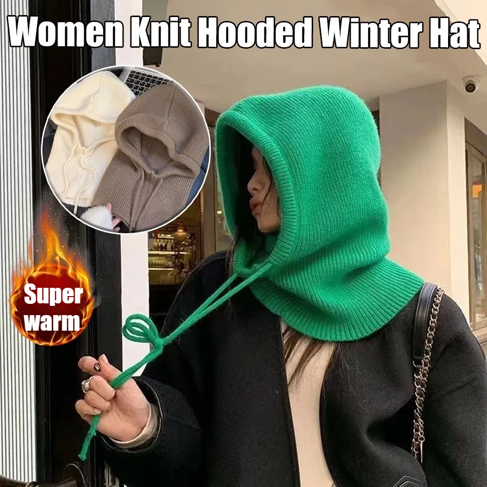 Women's Knitted Hooded Winter Hat Thermal Outdoor Drawstring-Adjustable Integrated Neck Warmer Brimless Beanie Design