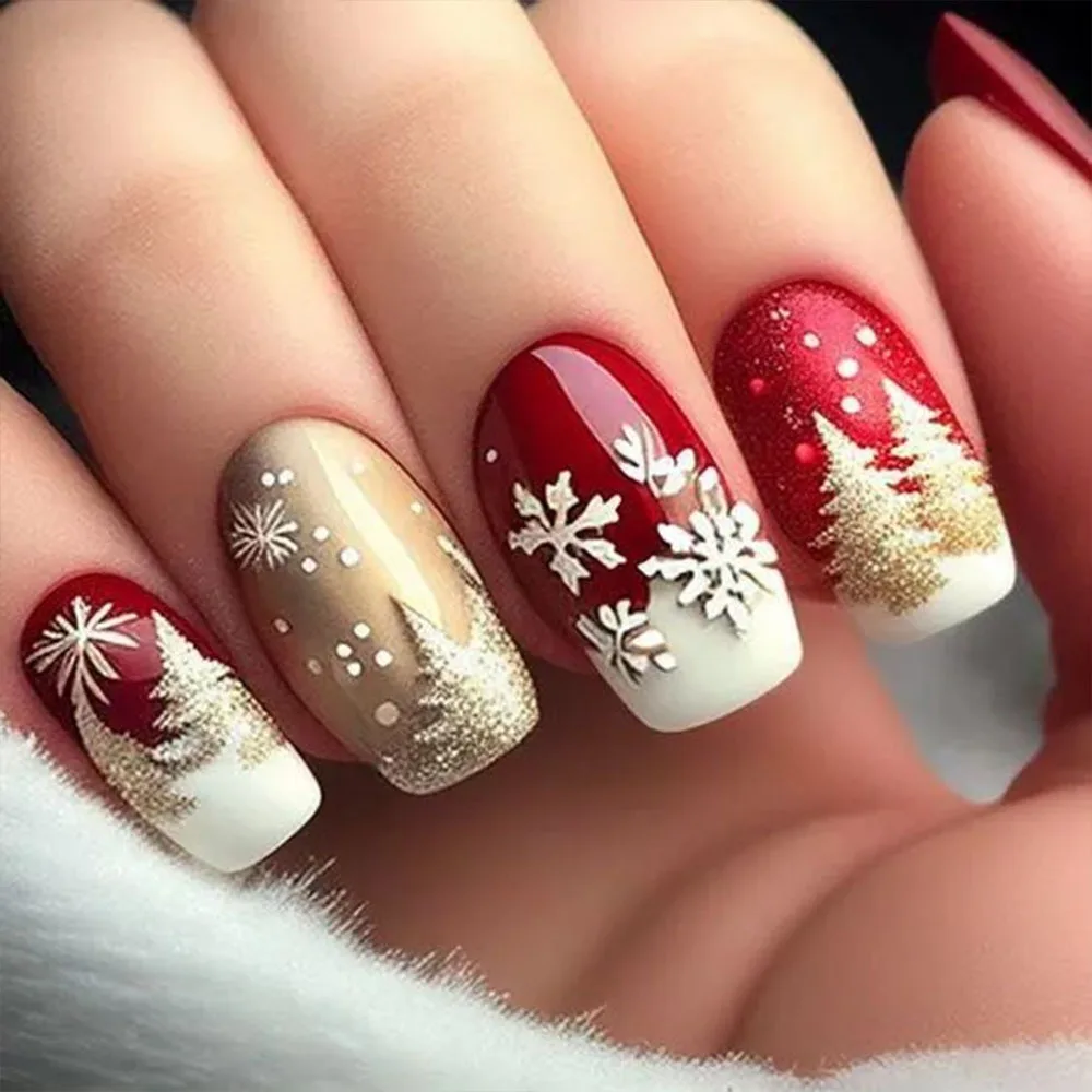 Christmas Snowflake Press On Nails 24pcs Red Gold Fake Nails for Holiday Party Women Festive Nails