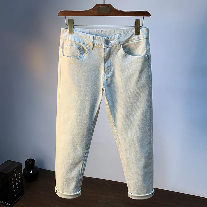 Summer thin jeans men's beige casual small straight leg simple and versatile high-end denim men's pants