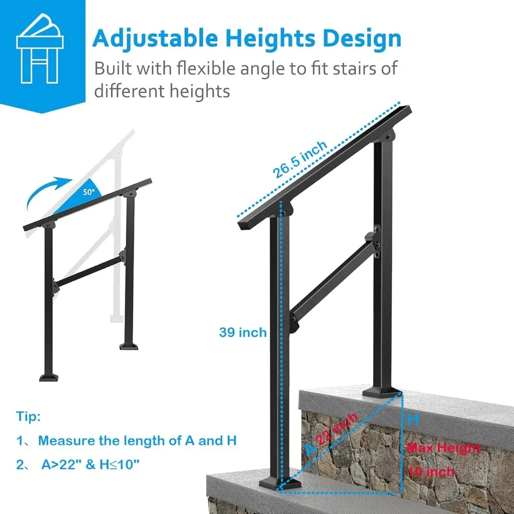 Adjustable Outdoor Metal Stair Handrails for Concrete Steps, Porch, Easy Installation, 2-Step, Durable Exterior Railing