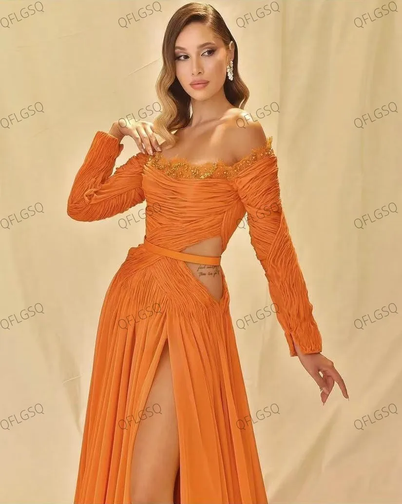 فساتين رسمية طويلة برتقالية مذهلة بأكمام ذيل مصنوعة يدويًا فستان ماكسي نسائي بدون أكتاف خرز فساتين حفلات مثيرة شيفون