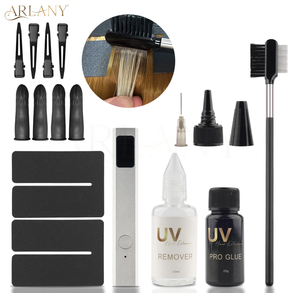 arlany-30g-uv-hair-glue-with-30ml-uv-glue-remover-metal-hair-clips-anti-uv-shield-guards-uv-lamp-hair-extension-uv-hair-set