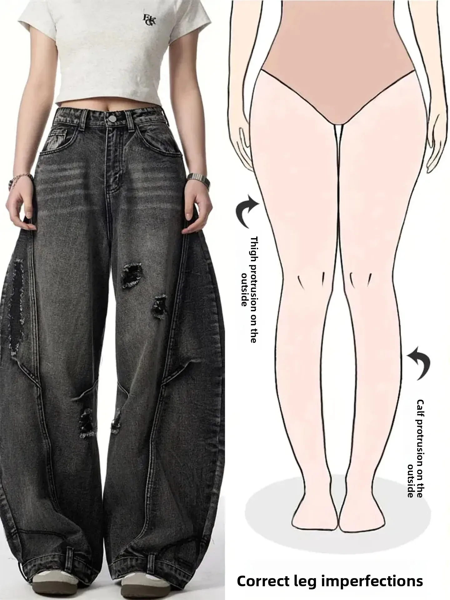 

Retro Style Distressed Wide Leg Jeans Women's High Street Loose Fit Trousers Pear Shaped Body Design Summer Casual Denim