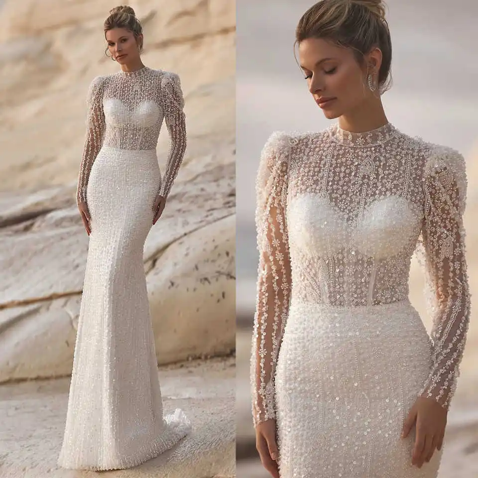 Luxury Mermaid Wedding Dresses Beading Sequins Lace Long Sleeve High Neck Bridal Gown Sweep Train Vestido De Noiva Customized