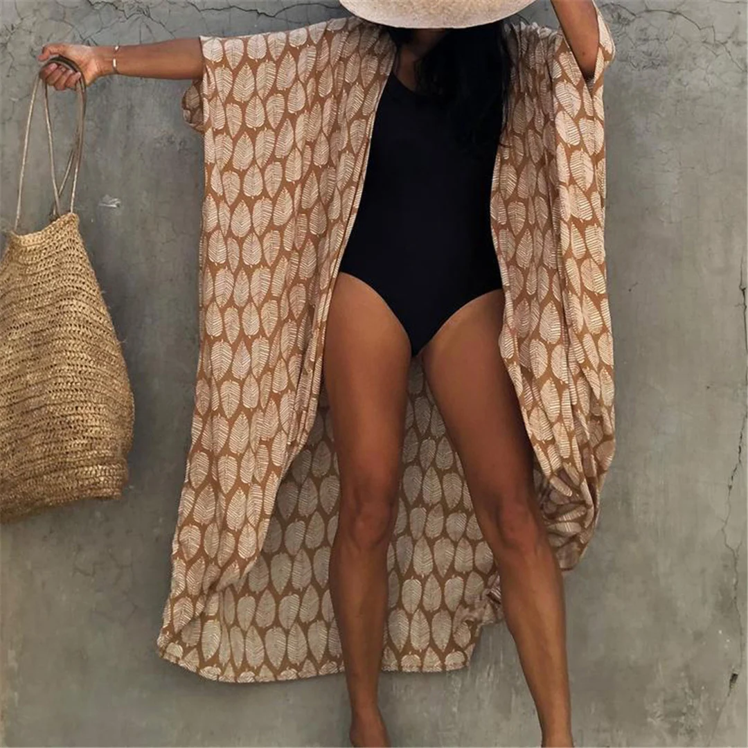 7-farbiges Blättermuster mit Gürtel, halblange Tunika, Strandkleid, Strandmode, Damen V4511 – Detail 19