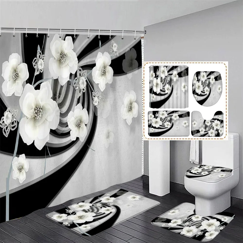 Fashion Pearl Floral Shower Curtain Set Diamond Swan White Stripe Geometric Woman Home Bathroom Decor Bath Mats Toilet Lid Cover