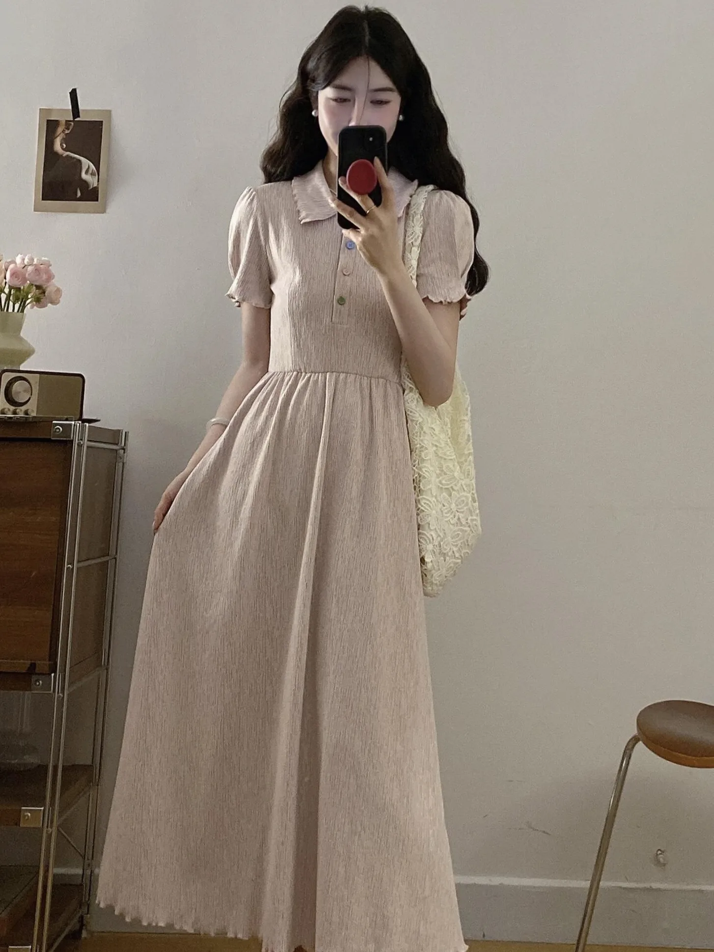 

plus Size Women's Sweet Pink Knitted ort Sve Dr with Stand Collar Waist Cinching Long Summer New Sle Korean Version