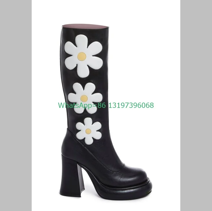 Lady Vintage Style Daisy Flower Printed Knee Boots Chunky Heel Pink White Elegant Boots Metallic Pu Cute Shoes Footwear Size 46