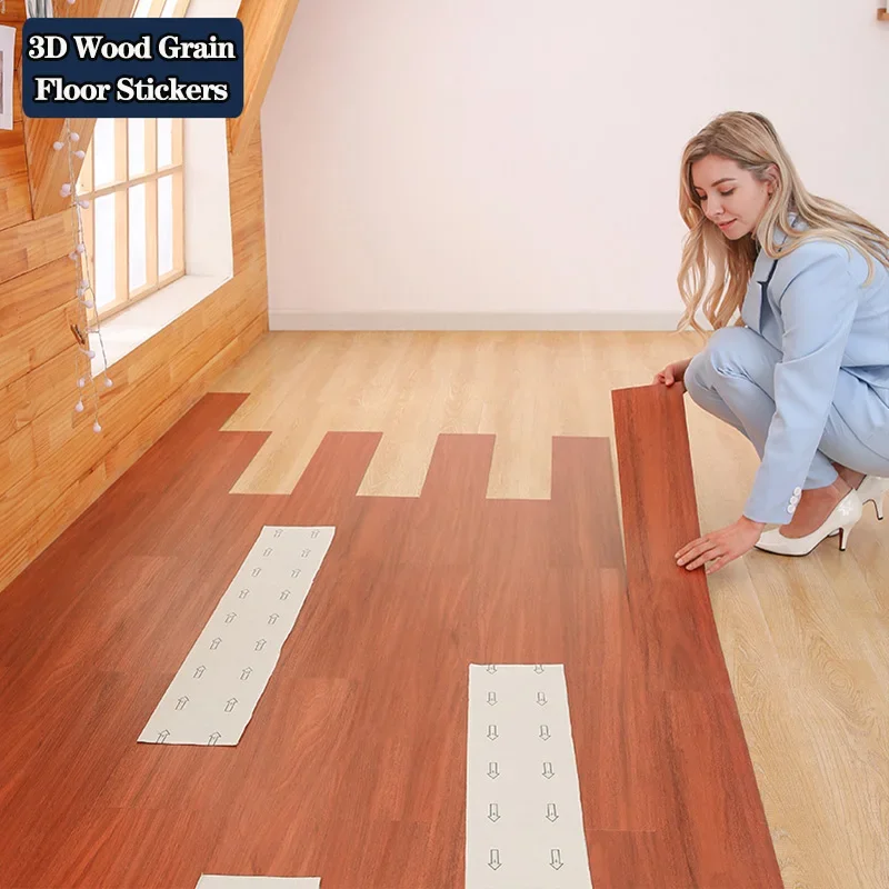 10 Pieces Waterproof Self-adhesive Wood Grain PVC Floor Stickers for Kids Room Living Room Bedroom Toilet Kitchen Family