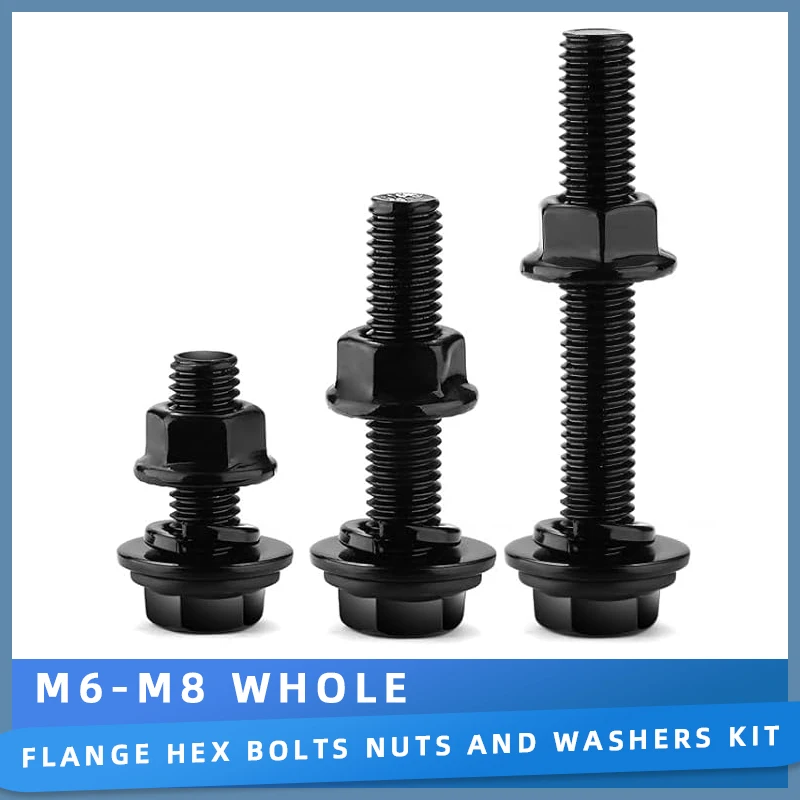 M6 M8 Metric Flange Hex Bolts and Nuts Set Full Thread Black Zinc Plated Alloy Steel 10.9 Grade Screw Lock & Flat Washers Kit