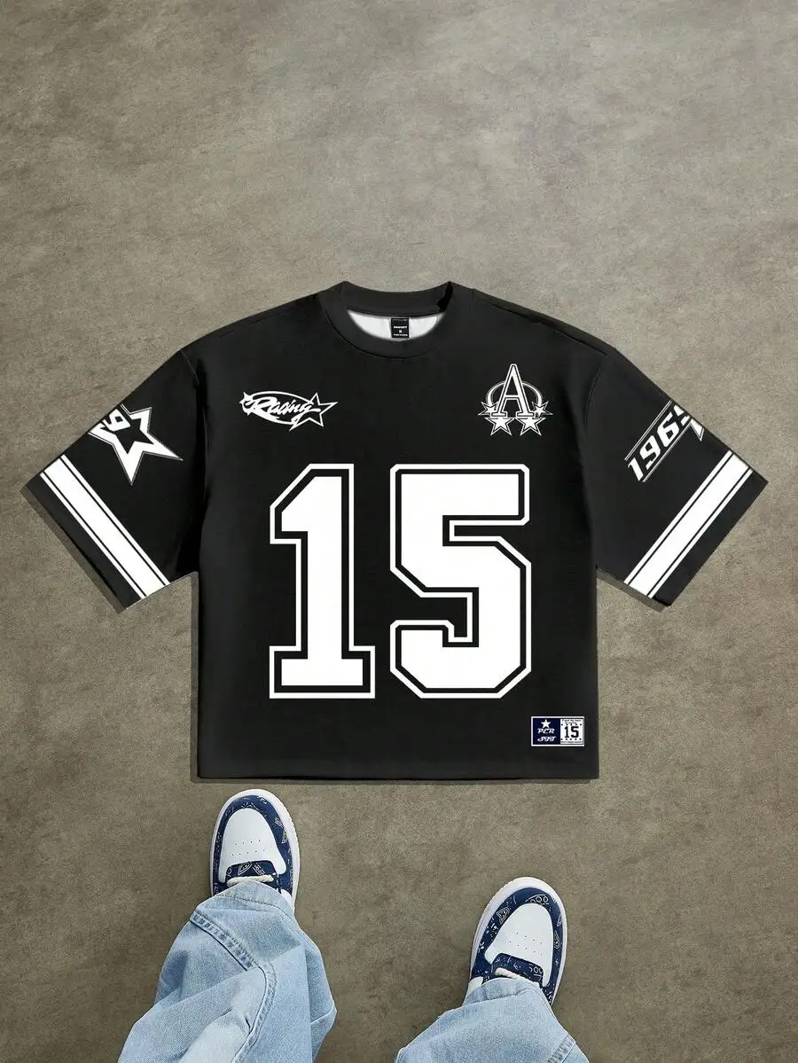 

Men's Black Numeric Print Loose Fit Short Sleeve T-Shirt with Star Motifs