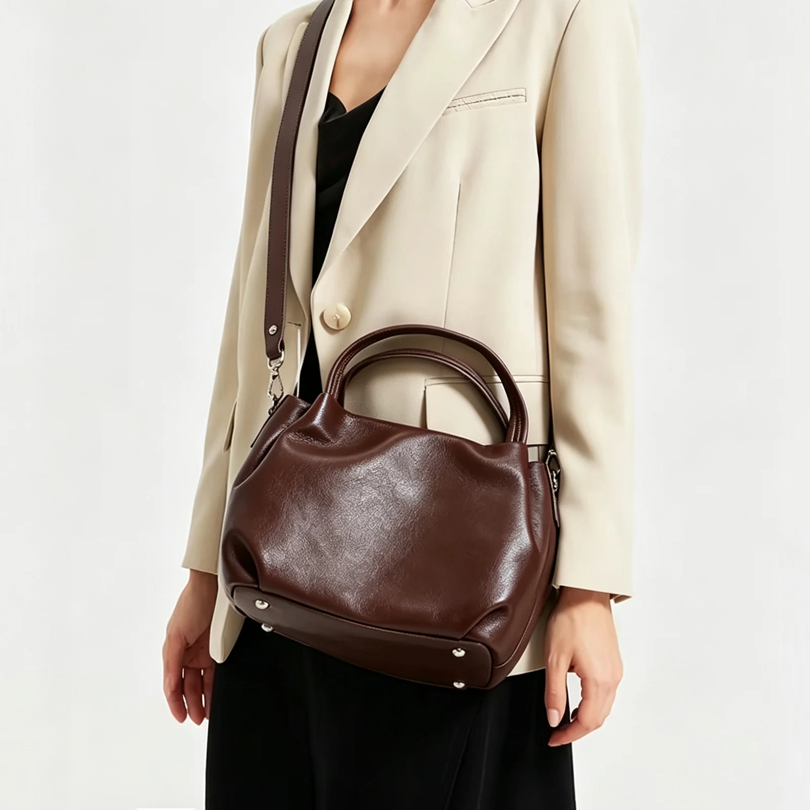Women's Genuine Cowhide Leather Soft Hobo Tote Bag Smooth Leather Top Handle Crossbody Shoulder Bag Minimalist Commuter Handbag