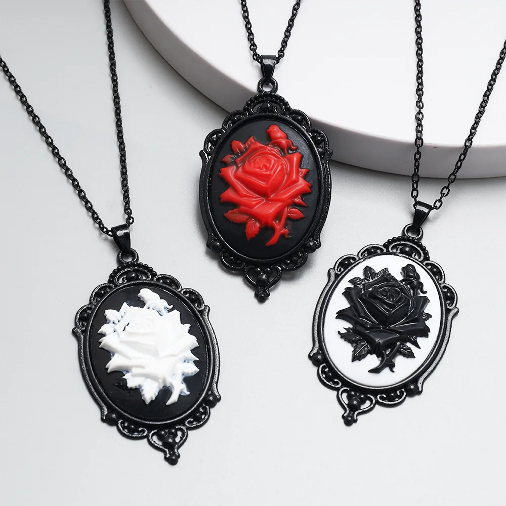 Retro Victoria Black Oval Stereo Relief Red Black Rose Flower Pendant Necklace Alternative Witch Jewelry Accessories Gift  for W