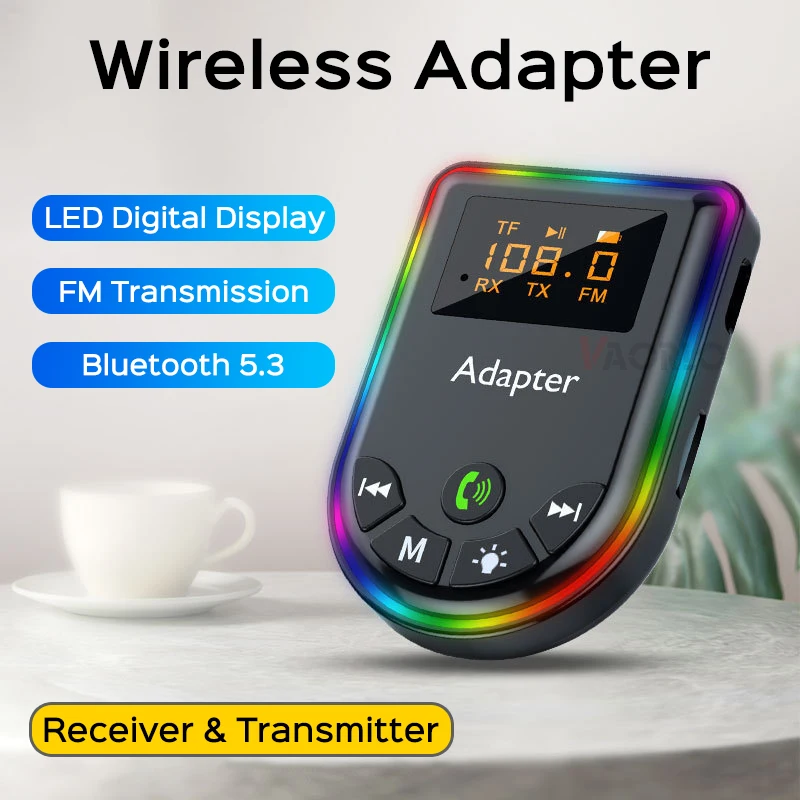 Transmisor y receptor con Bluetooth 5,3, pantalla LED, reproducción de tarjeta TF, RCA, 3,5mm, AUX, adaptador inalámbrico de Audio HIFI para coche, PC, TV, auriculares
