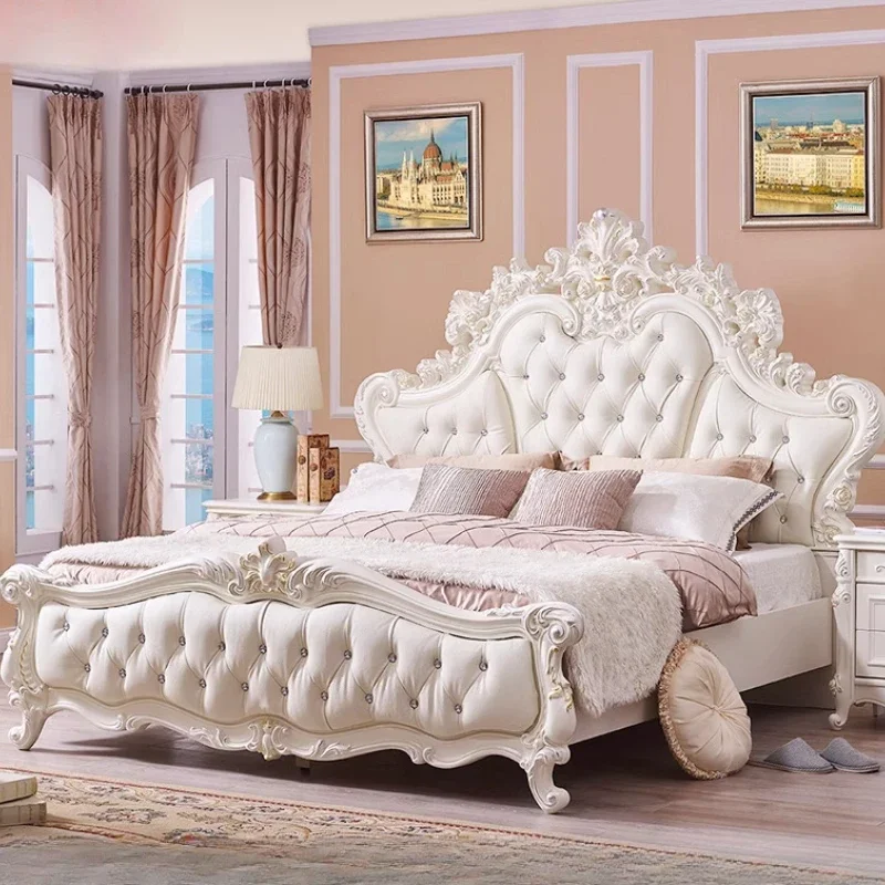 

European Double Aesthetics Bed Bedroom Wedding Fashion Bed Leather Solid Wood Unique Princess Luxury Muebles Home Furniture