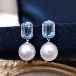 CAOSHI Fashion Simulated Pearl Drop Earrings Lady Engagement Jewelry with Blue Zirconia Graceful Accessories for Wedding Party