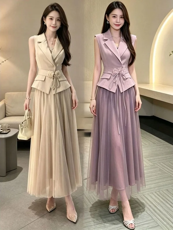 Elegant Sleeveless Collared Vest Mesh Half Skirt Women's 2026 Summer New Style Lady Two-Piece Set Fashionable And Stylish