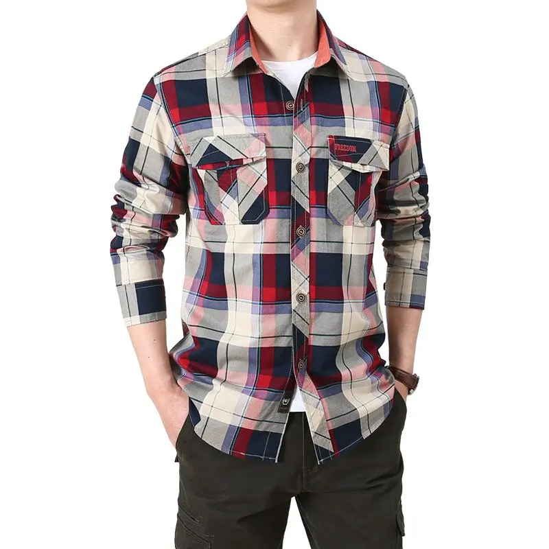 

Spring/Autumn Fashion Trendy American Retro Pure Cotton Plaid Long Sleeve Shirt Men's Casual Loose Fit Sports High Quality Shirt