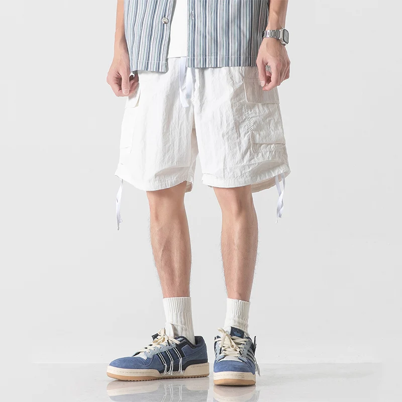 Simplicity Trend Summer Casual Cargo Shorts Men Solid Elastic Waist Drawstring Pockets Youthful Vitality Loose Knee Length Pants