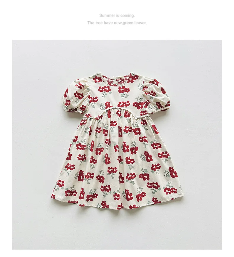 2025 Summer Kids Girls Dresses Short Sleeve A Line Girls Dresses Floral Print Pleated Dress For Girl